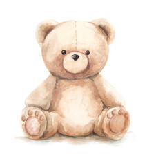 Watercolor illustration of a cute teddy bear sitting. Hand-painted soft toy in warm beige tones. Perfect for children's products, nursery decor, baby shower invitations, and greeting cards.


