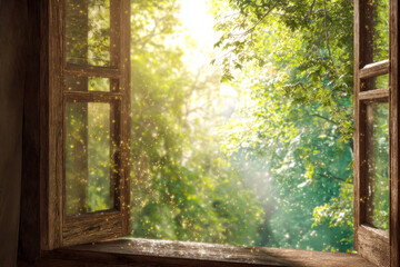 Enchanting view of a lush green forest through an open wooden window with sparkling sunlight and magical glitter effects