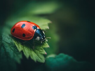 Fototapeta premium Close-up of ladybug on vibrant leaf