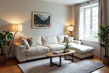 Fototapeta premium Stylish Living Room Featuring Oversized Sofa Causing Clutter and Cramped Atmosphere