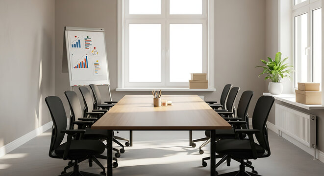 A modern, sunlit conference room is ready for a meeting with a long table, chairs, and a flip chart.