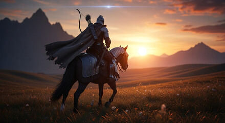 A cloaked warrior on horseback gazes at the sunset over a vast, mountainous landscape.
