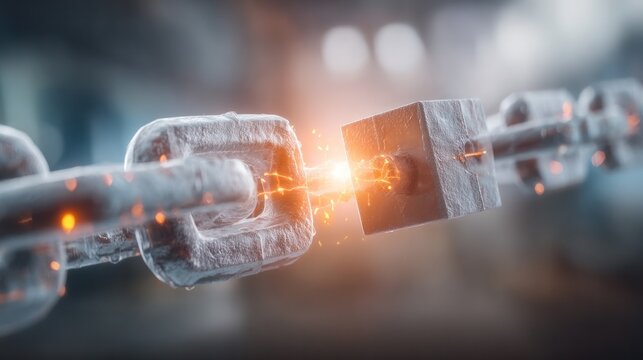 Blockchain Technology: A close-up view of a metal chain, symbolizing connection, with a vibrant glowing effect illuminating the crucial link. - Powered by Adobe