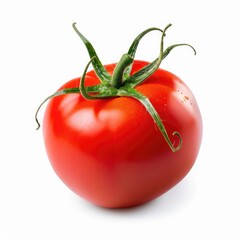 Single, ripe tomato, vibrant red, green stem