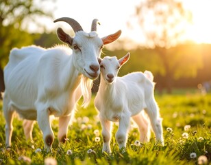 Obraz premium Two white goats in a sunny meadow, adult goat nuzzles kid