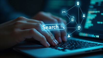 Person typing on a laptop with glowing search bar and digital network overlay