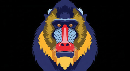 A colorful, stylized illustration of a mandrill's face looking forward against a solid black background.