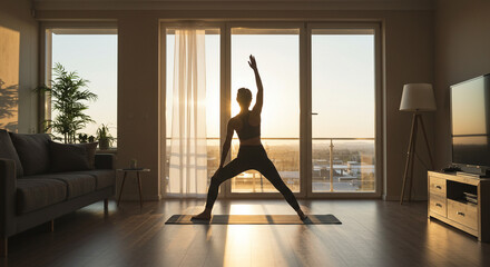 Background morning yoga routine at home for wellness and fitness with sunlight and modern apartment background