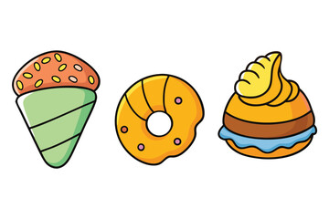 Delightful assortment of sweet treats including a donut, ice cream cone, and a pastry, all isolated on a white background for easy use