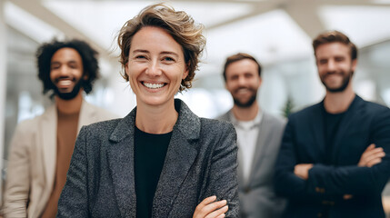 Group of professionals smiling confidently standing in the office