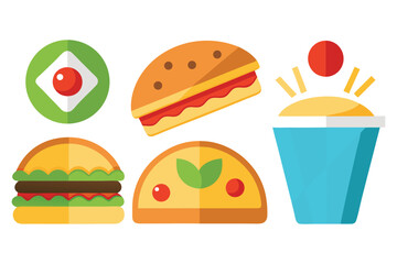 Flat design illustration featuring various fast food items like burgers, a taco, sushi, and a dessert, all isolated on a white background