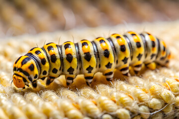 Fototapeta premium Extreme closeup macro photograph of a black and yellow striped caterpillar crawling on a textured surface