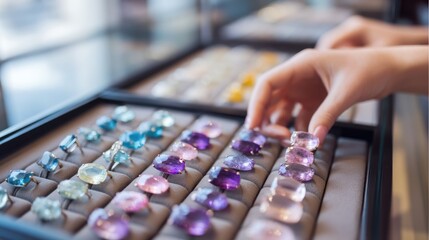 Fototapeta premium customer admiring pastel gemstone rings in boutique with natural light