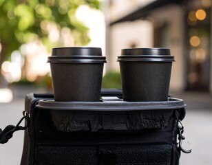 Two black coffee cups sit in a carrier on a bag outdoors