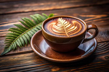 A beautifully crafted latte with intricate leaf art in the foam, served in a brown cup and saucer on a dark wooden table, evoking warmth and comfort