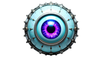 Abstract, light blue, spherical, mechanical device with a central, deep purple eye isolated on solid white background in Png
