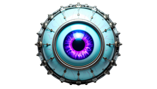 Abstract, light blue, spherical, mechanical device with a central, deep purple eye isolated on solid white background in Png