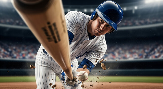 Focused baseball player in a blue helmet swinging a wooden bat and hitting a ball in a large stadium.