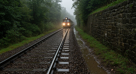 Background train approaching on tracks through foggy forest landscape travel and transportation photography scenic view