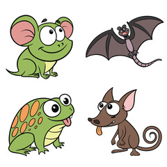 Frog, Chameleon, Mouse, and Bat Cute Animal Bundle – Cartoon Forest and Swamp Creatures Vector Set