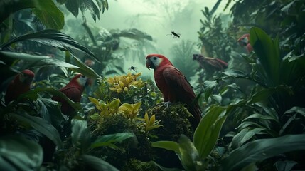 Complex ecosystem in a rainforest with diverse species of plants insects and animals interacting in perfect harmony under the canopy