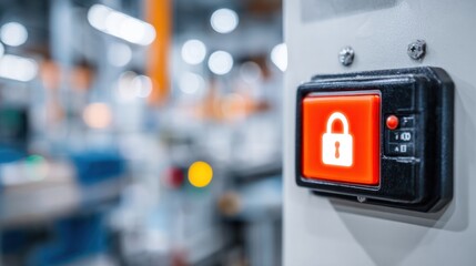 Secure Lock Icon: A close-up captures a vibrant red lock icon against a sleek, modern control panel within an industrial setting, emphasizing safety and security protocols.