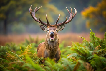 Majestic male red deer stag with large antlers roaring in a lush green fernfilled forest during the autumn season, showcasing its powerful presence and wild nature