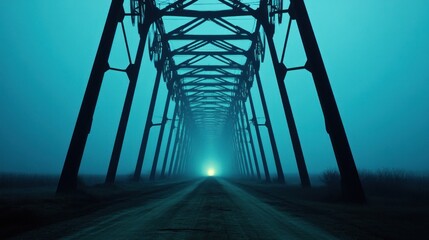 Misty, dark, empty road under a metal bridge at night.