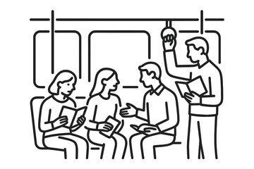 Passengers engage in conversation while reading books on a subway train during a busy commute