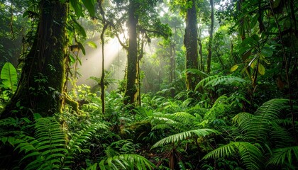 Fototapeta premium Sunlight beams through lush rainforest foliage.