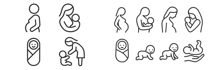 Illustrations of motherhood and early childhood milestones depicting pregnancy, infant care, and bonding moments in simple line art style