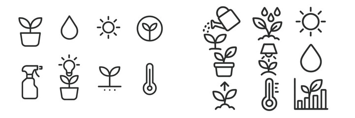 Gardening icons representing plant care, growth, and environmental elements in a decorative layout