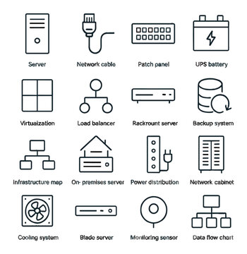 Network linear icon set: server, network cable, ups battery, virtualization, load balancer, backup system