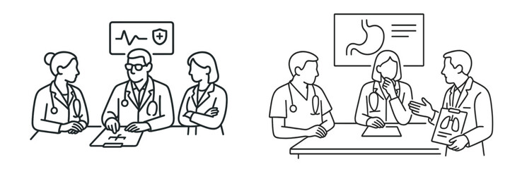 Healthcare professionals discussing patient care and treatment plans in a clinical setting during a collaborative consultation