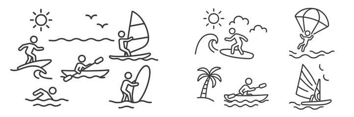 Outdoor water sports activities including windsurfing, surfing, kayaking, and paragliding take place in a sunny coastal environment