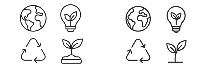 Symbols representing sustainability and environmental awareness including Earth, plants, and recycling elements