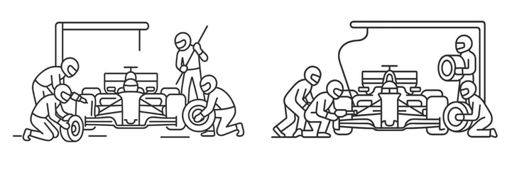 Pit crew performs tire changes during a high-speed racing event at a grand prix circuit in the afternoon