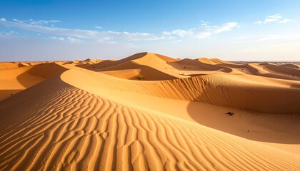 Golden sand dunes under a clear blue sky.