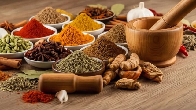 Variety of Vibrant and Aromatic Spices Displayed with a Rustic Wooden Mortar