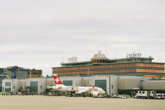 GENEVA, SWITZERLAND -19 OCTOBER, 2024- View of an airplane from Swiss (LX) at the Aeroport de Geneve Geneva Airport (GVA), or Cointrin Airport, located at the Swiss-French border