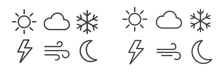 Weather icons representing seasons and conditions with sun, clouds, snowflakes, lightning, and wind displayed symmetrically