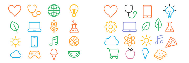 Colorful icons of health, nature, technology, and fun in a vibrant design