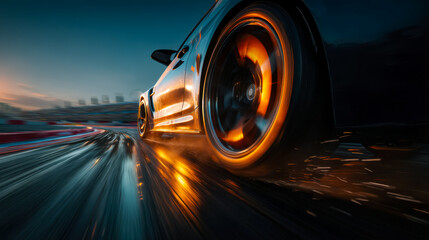 Dynamic close-up of a race car in motion with glowing wheel accents on a wet track at sunset