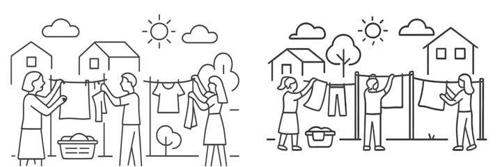 People hanging laundry outside on a sunny day near their homes in a cheerful neighborhood surrounded by greenery