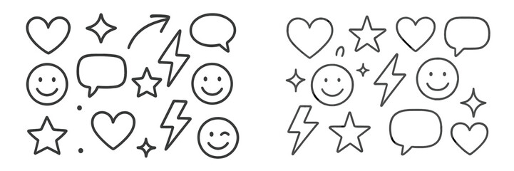 Creative doodles featuring smiling faces, stars, hearts, and lightning bolts in a playful arrangement suitable for various designs