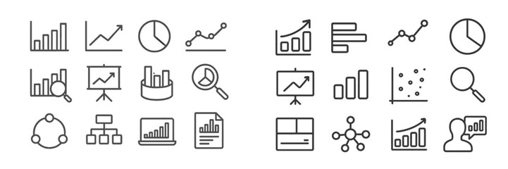 Variety of business and data analysis icons displayed in a simple monochrome style