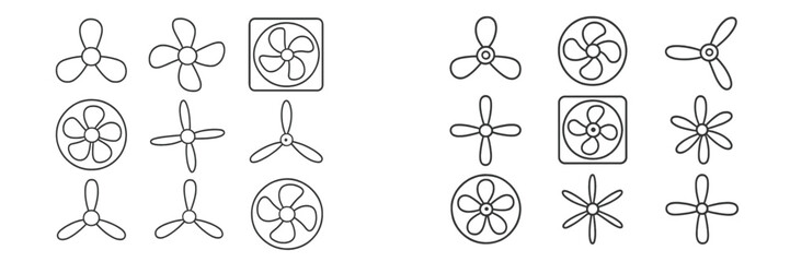 Different designs of fans and propellers arranged in a creative pattern on a neutral background