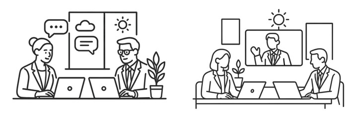 Two professionals engage in a video conference and in-person meeting in a modern workspace with plants and screens displaying information