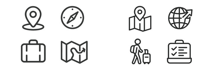 Travel planning tools with icons for navigation, maps, luggage, and itineraries during a journey