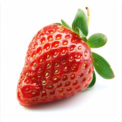 Single, bright red strawberry with green leaves (1)